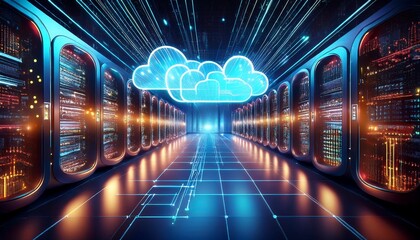 a futuristic digital cloud computing concept overlaid on glowing server racks with moving data flow