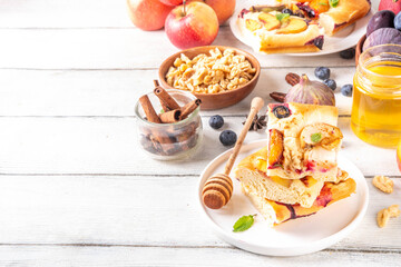 Tasty fruit dessert Focaccia. Sweet viral italian Focaccia open pie, with various seasonal autumn...