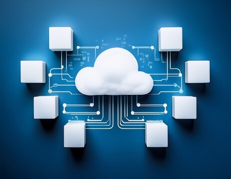 cloud computing concept with a white cloud and connected blocks on a blue background representing data storage and network communication