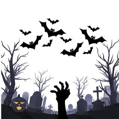 Spooky Halloween Cemetery Scene with Bats and Jack-o-Lantern