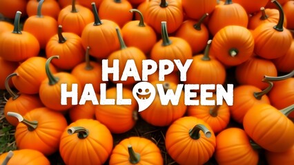 Happy Halloween typography on a pumpkin background.