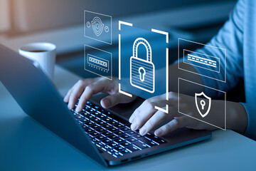 Hands Typing on Laptop with Security Icons Overlay. AI Generated