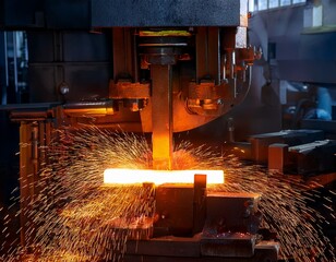 hot metal forging process with glowing steel bar pressed by industrial machine in factory
