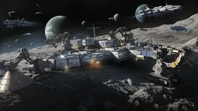 Moon Base Operations with Robotic Arms and Planets - Powered by Adobe