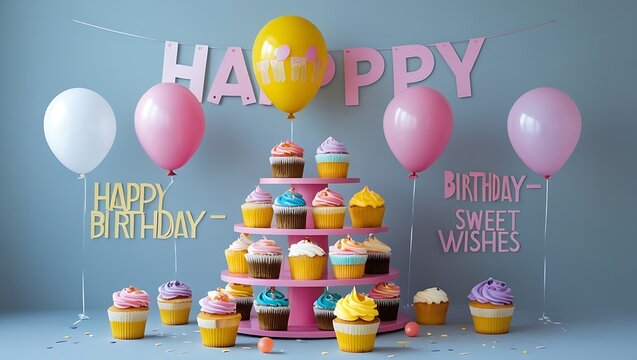Colorful cupcakes and balloons celebrate a happy birthday with joyful sweet wishes and vibrant party decor
