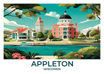 Appleton, Wisconsin Flat Retro Poster illustration, Landscape Travel Wall Art, Vintage High quality prints