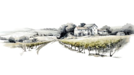 Rural scene with houses, vineyard, and trees hand-drawn sketch illustration on white background
