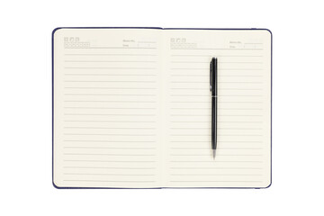 Blank open notebook with a pen. Empty paper for writing notes, journaling, or as a study mockup isolated on white background with clipping path.