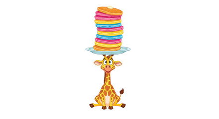 Illustration of a cute cartoon giraffe sitting and balancing a tall stack of colorful pancakes on its head using a plate