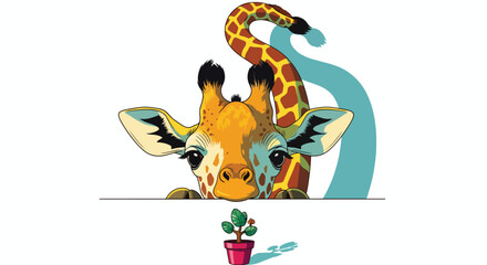 Illustration of a cute cartoon giraffe's head and neck peeking over a white surface, looking inquisitively at a small potted plant