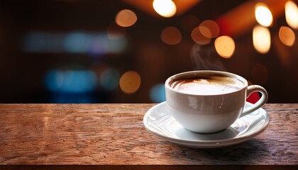 Obraz premium closeup image of hot coffee cup on vintage wooden table in cafe copy space available