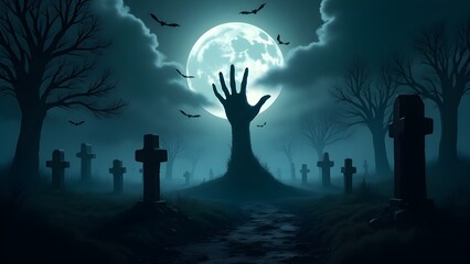 A zombie's hand reaching up from a grave in a haunted graveyard at spooky night.