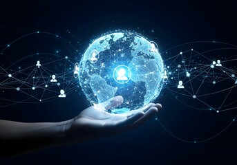 A person's hand holding a glowing digital Earth, showcasing a worldwide social network and the concept of global connectivity and communication