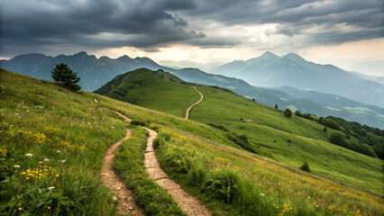 Winding trail through grassy hillside with dramatic mountains