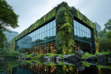 Building's green walls reflects in the dark water on a cloudy day. Showcases sustainable architecture and urban harmony with nature.