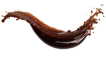 Dark brown liquid, like soda or coffee, in a dynamic, flowing splash against a black background.  The splash curves gracefully, showcasing texture and motion