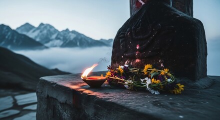 Spiritual serenity in the Himalayas: A diya lamp glows beside flowers at a mountain shrine. Ideal for travel, wellness, meditation, and religious design projects.