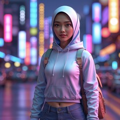 Woman in Hoodie at Neon City Night