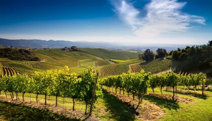 Naklejka premium vineyards in a stunning landscape under a bright sunny sky create a beautiful scene the vibrant vineyards showcase the natural beauty of the landscape perfect for vineyard enthusiasts