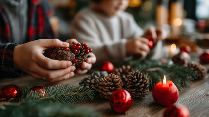 Family Decorating Christmas Tree with Pine Cones and Red Ornaments Natural Elements Like Cones and Shiny Baubles in Hands Evergreen Branches and Scented Candles Adding to