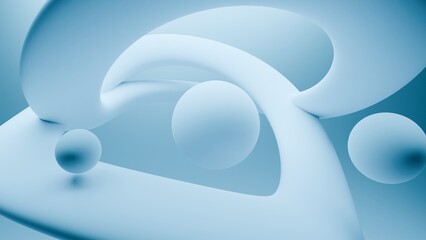 Fluid liquid blue shapes and spheres abstract background. 3d illustration