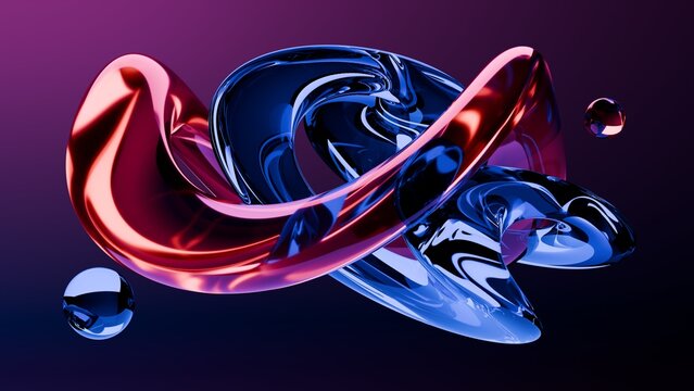 Fluid liquid glass red blue shapes and spheres abstract background. 3d illustration