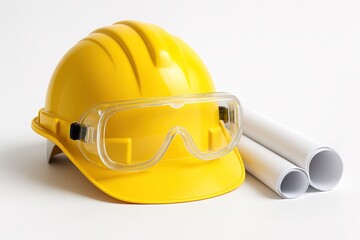 Construction Safety Tools: A vibrant, close-up view features a bright yellow hard hat and safety goggles, along with rolled blueprints.