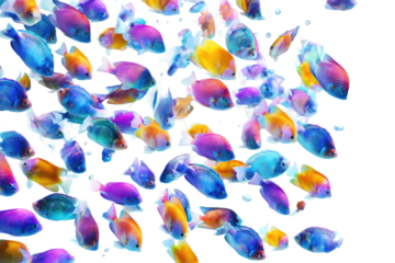 Vibrant fish swarm in a colorful, abstract underwater scene