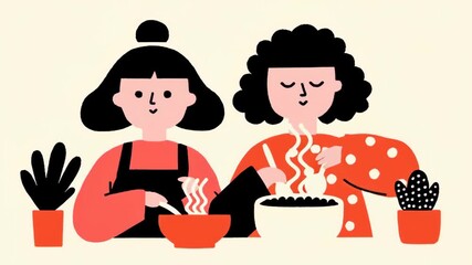 Two friendly culinary artists collaborate in a brightly lit kitchen, crafting a culinary masterpiece in their creative space, bringing joy to home cooking.