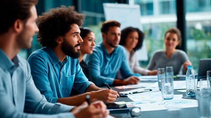 Business People Collaborating During Meeting in Modern Office Diverse Group Around Conference Table with Notes Devices and Whiteboard Diagrams Natural Light Through Windows