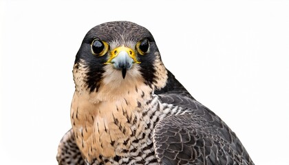 close up of a majestic peregrine falcon perched on a branch showcasing its striking plumage and piercing eyes against a white background