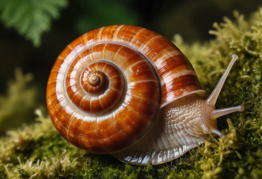 Brown Snail with Spiral Shell on Moss