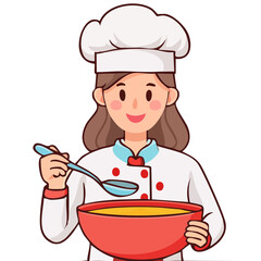 Female chef tasting food with spoon vector illustration