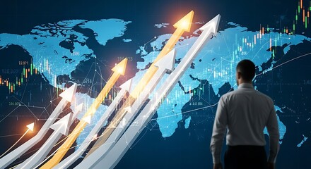 Visualize global business growth strategy with rising arrows and stock market data, ideal for financial marketing