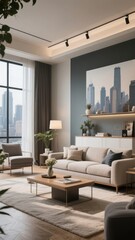 Modern Living Room with Cityscape Art and Large Windows