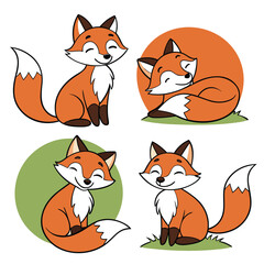 Four cartoon foxes in different poses with orange and white fur and black outlines on a white background