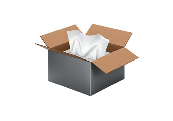 Open cardboard box with white tissues isolated on transparent background