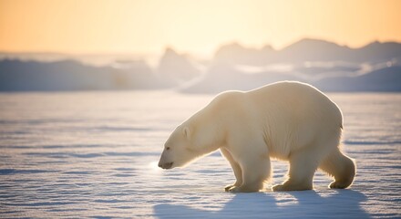 A lone polar bear walks across a vast, icy landscape under the soft glow of the setting sun.