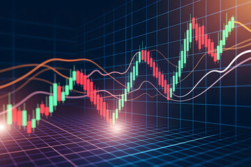 Fototapeta premium Digital Stock Market Candlestick Chart with Trend Lines & Grid Background. AI Generated