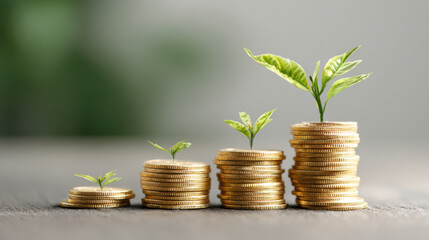 Stack of golden coins with growing green plants symbolizes financial growth