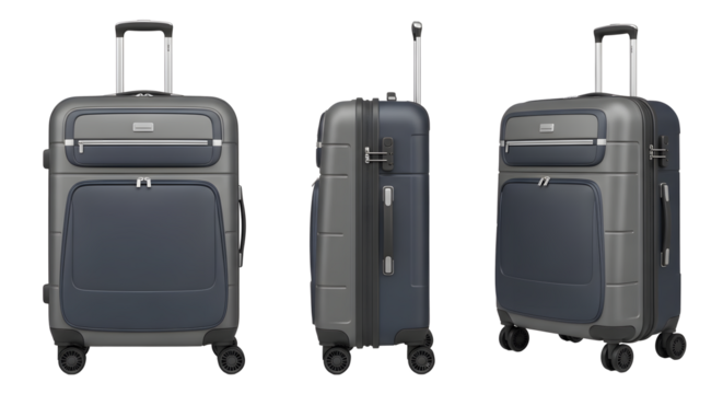 Three views of a gray and blue rolling suitcase on transparent background