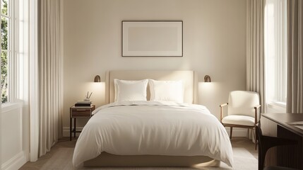 A bed with a white comforter and a white chair