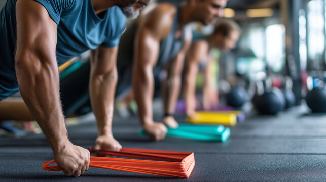 Athletes Preparing Resistance Bands for Functional Training in Gym Focused Expressions and Stretching Poses with Colorful Band Textures and Elastic Pull Modern Equipment Like Dum - Powered by Adobe