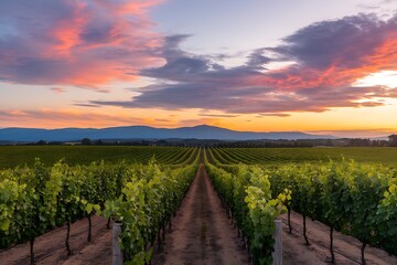 Naklejka premium Serene Sunset over a Vast Vineyard Landscape in Rural Setting