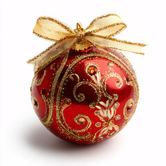 A glossy red ornament wrapped with golden ribbon and sparkles.
