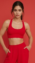 Woman in Red Sports Outfit on Solid Background