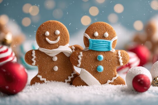 Cute gingerbread man couple with face mask for a pandemic Christmas holiday.