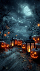 Obraz premium Halloween Pumpkins on Wooden Table, Lantern, Full Moon, Spooky Night Scene