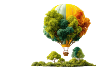 A hot air balloon shaped like a vibrant autumn forest, with colorful trees