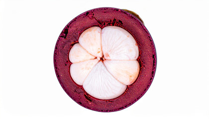 Half Cut Mangosteen on White Background, Fresh Tropical Fruit